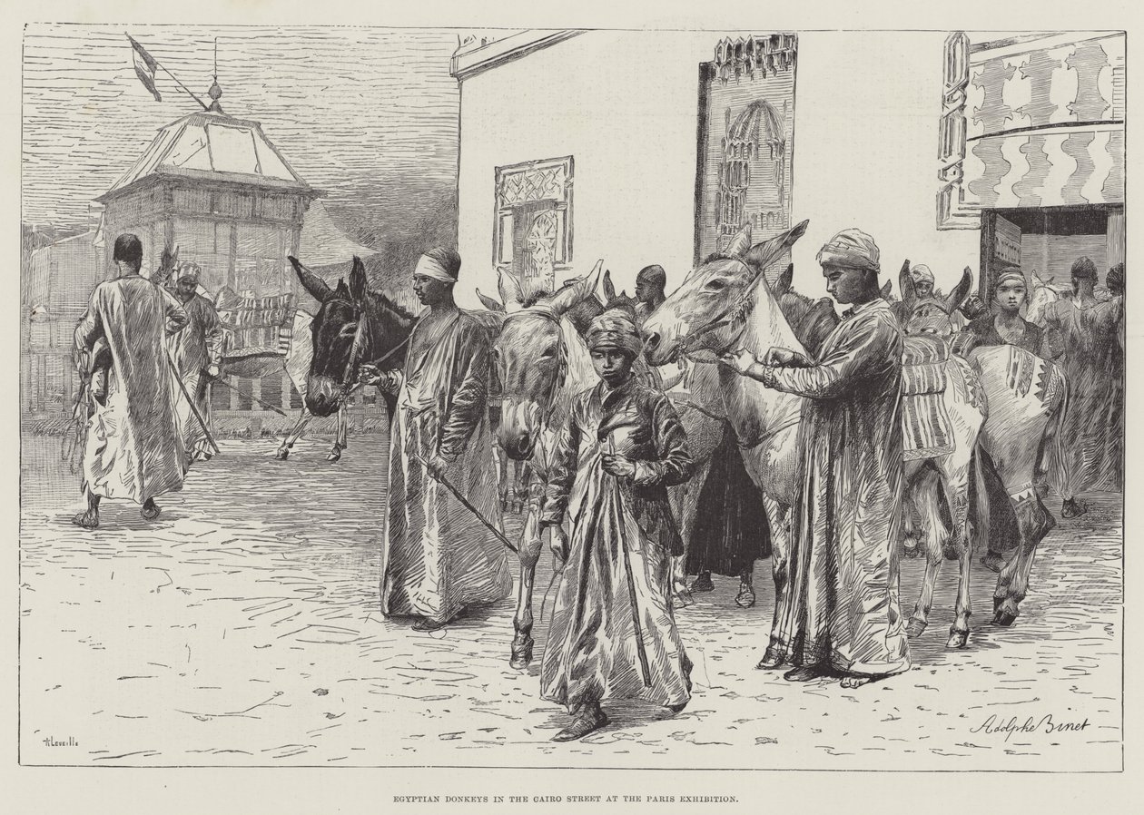 Egyptische ezels in de Cairo-straat op de Parijse tentoonstelling door Adolphe Gustave Binet