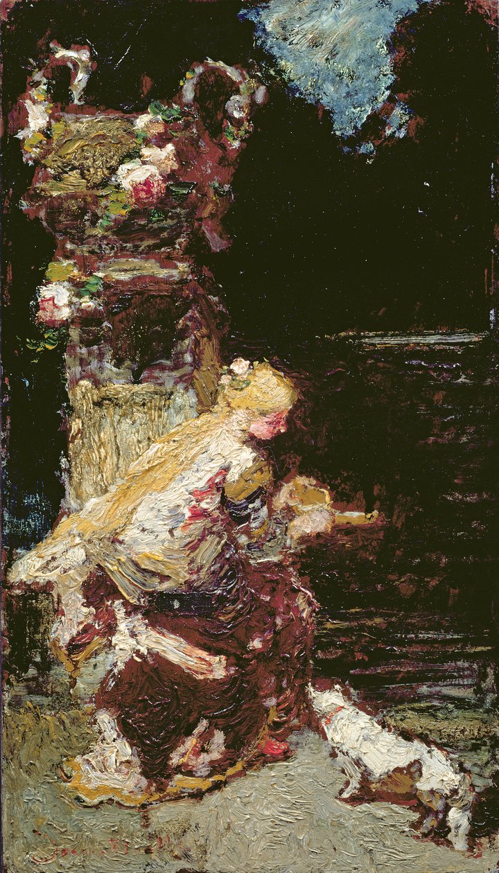 Jong meisje met een kat door Adolphe Joseph Thomas Monticelli