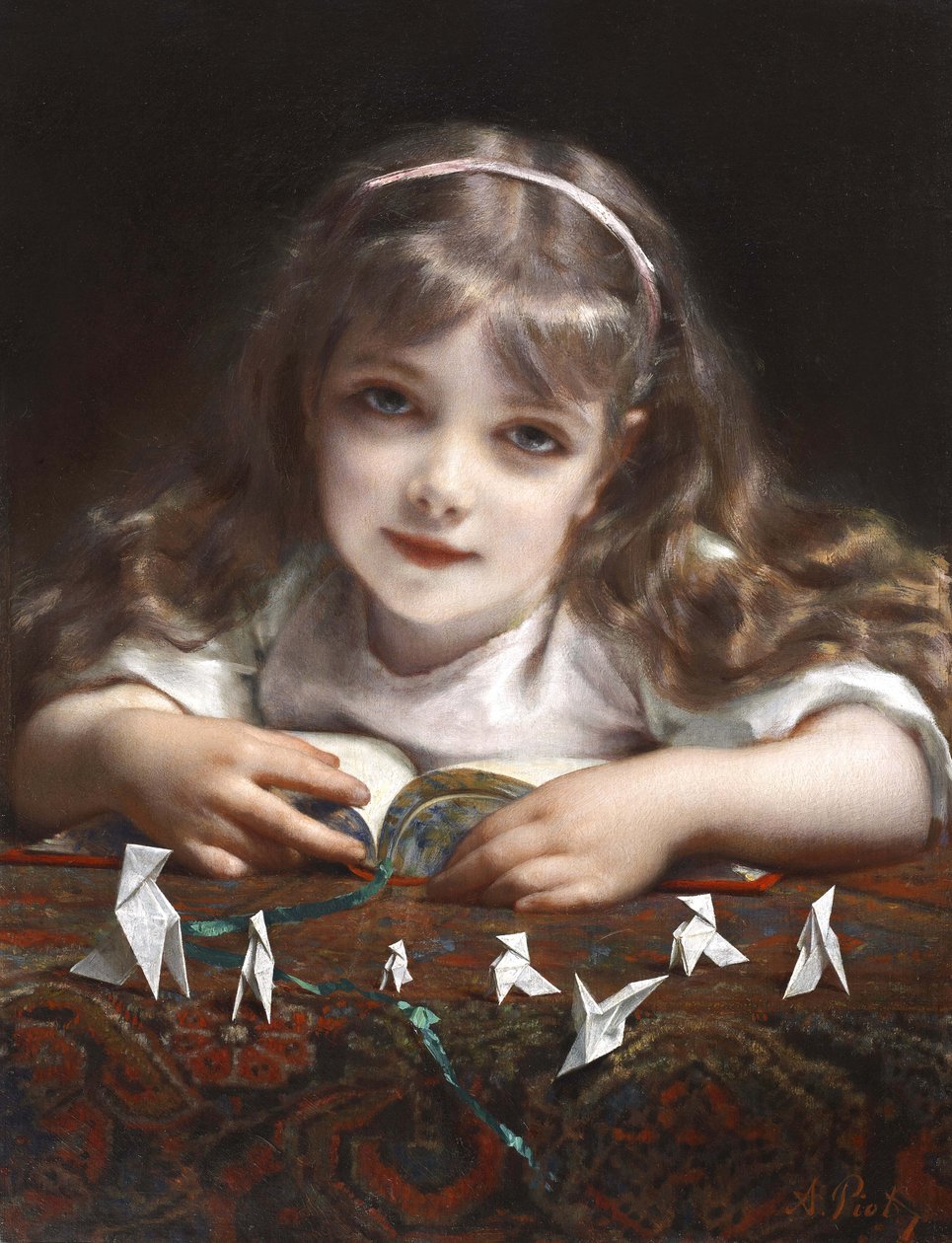 Jong meisje met origamivogels door Etienne Adolphe Piot