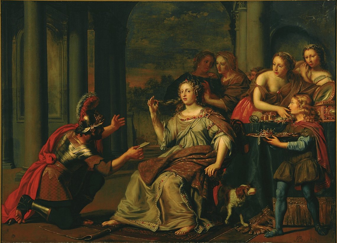 Semiramis ontvangt bericht van de opstand in Babylon door Adriaen Backer