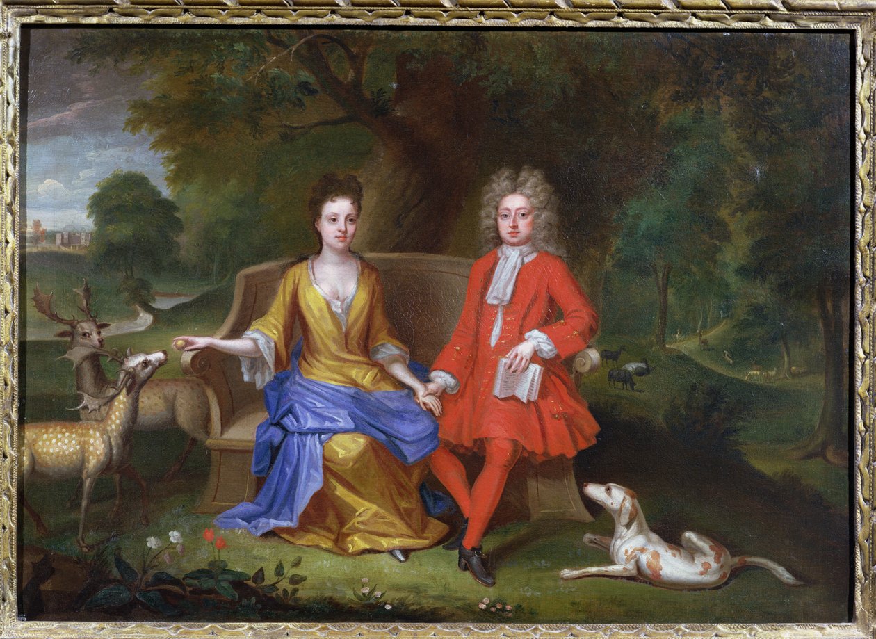 Portret van Sir Charles Shuckburgh en zijn vrouw, Diana, met Shuckburgh Hall, Warwickshire op de achtergrond, c.1690 door Adriaen van Diest