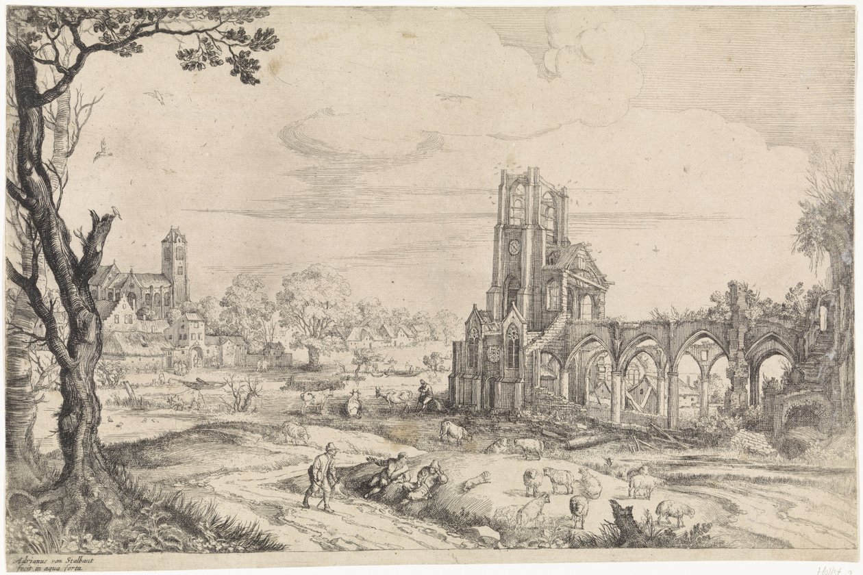 Landschap met de ruïne van een abdij door Adriaen van Stalbemt