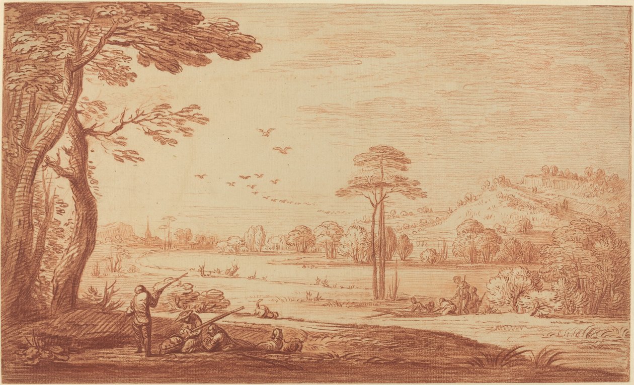 Jagers rustend bij een rivier door Adriaen Frans Boudewyns