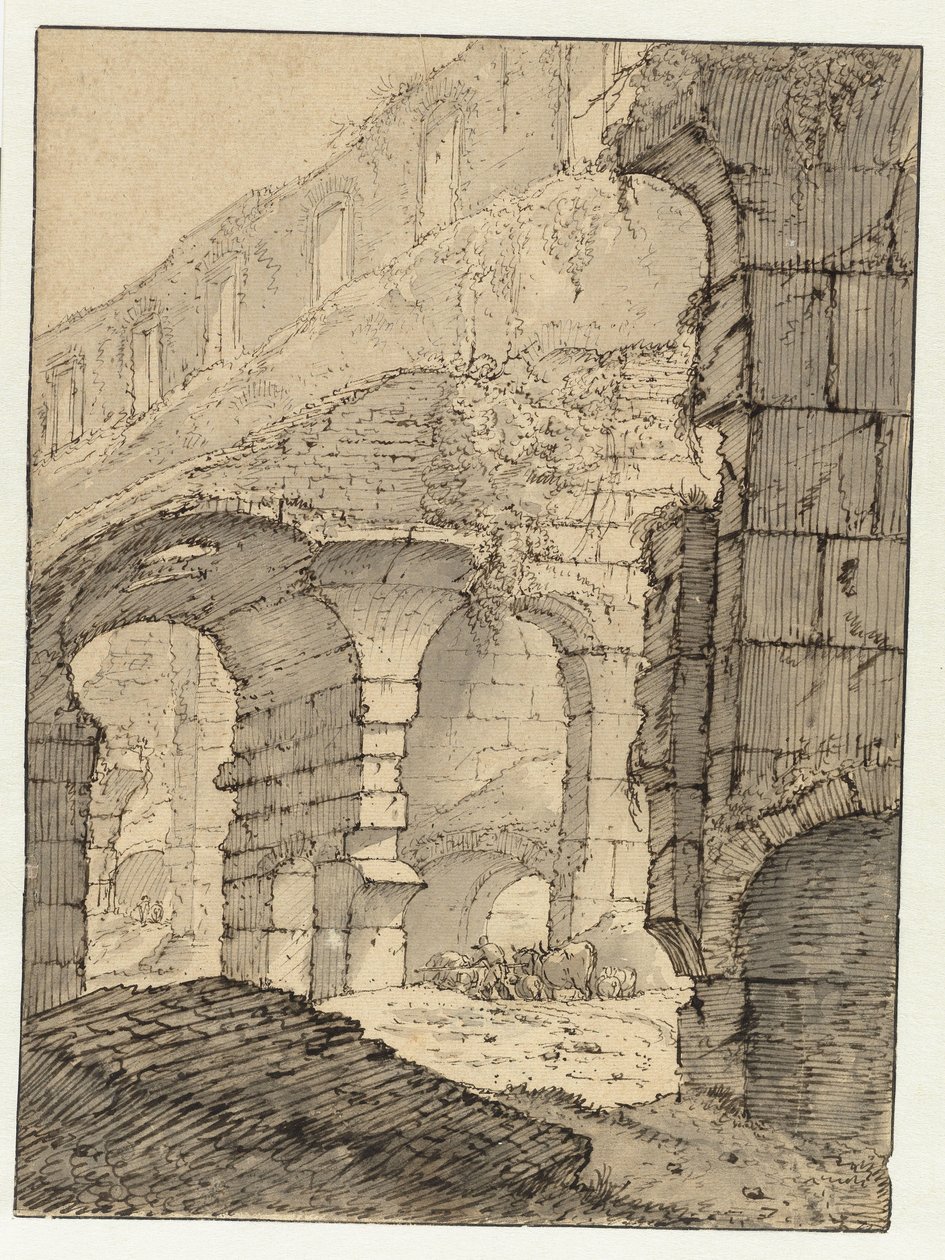 Uitzicht in het Colosseum, Rome door Adriaen Honich (attributed to)