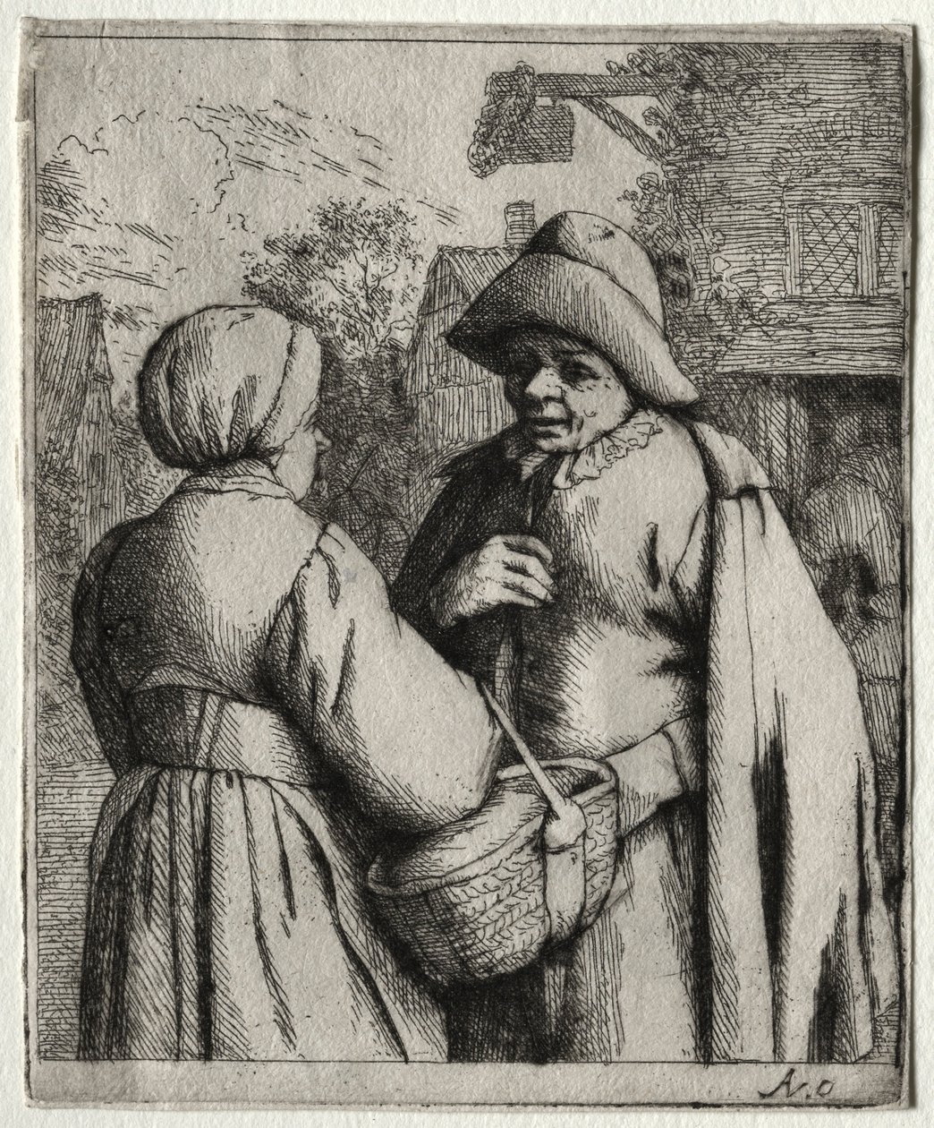 Man en vrouw in gesprek door Adriaen Jansz. van Ostade
