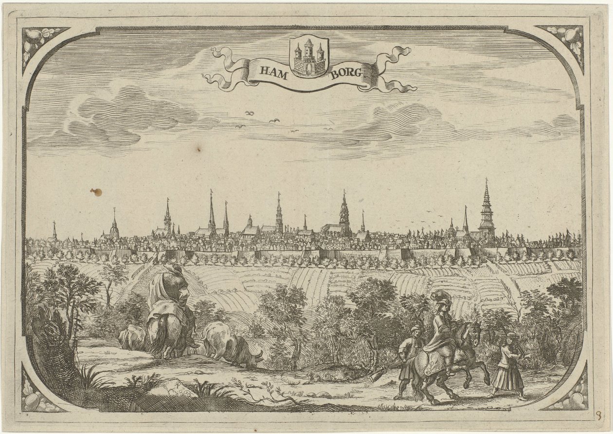 Gezicht op de stad Hamburg door Adriaen Oudendijck