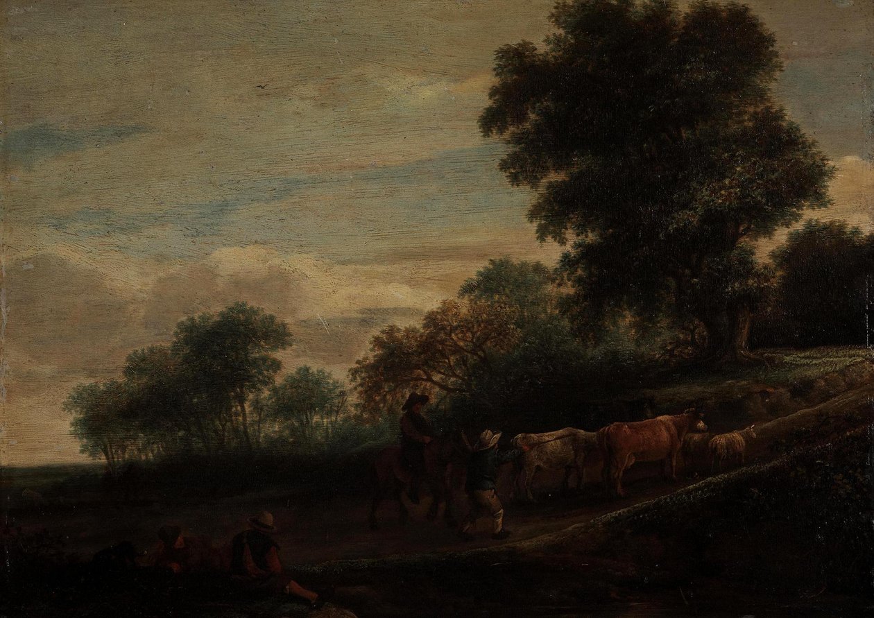 Landschap met herders en vee door Adriaen van Ostade