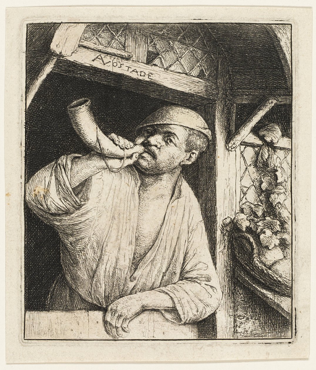 De Bakker die op zijn Hoorn Blaast door Adriaen van Ostade
