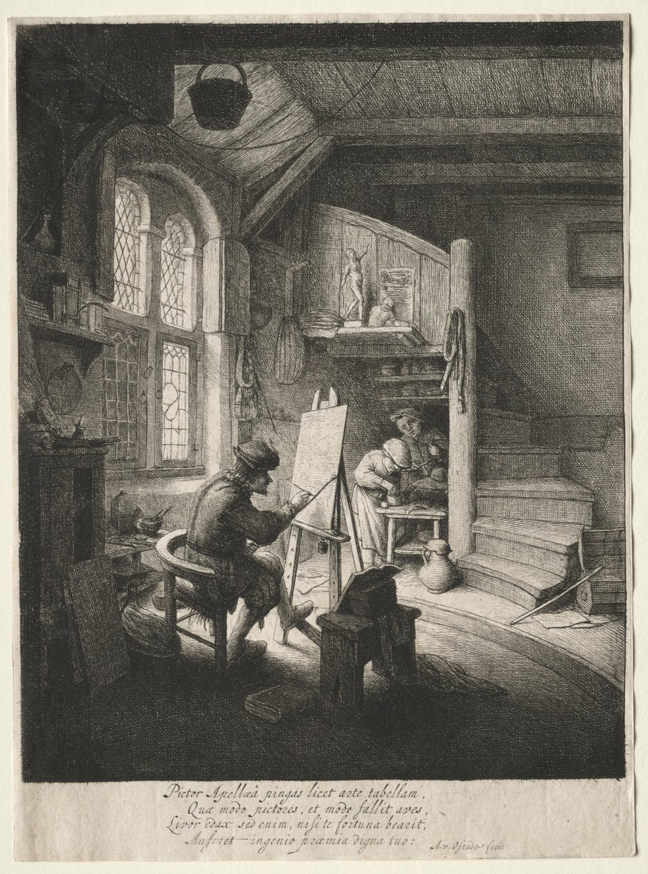 Het atelier van de schilder door Adriaen van Ostade