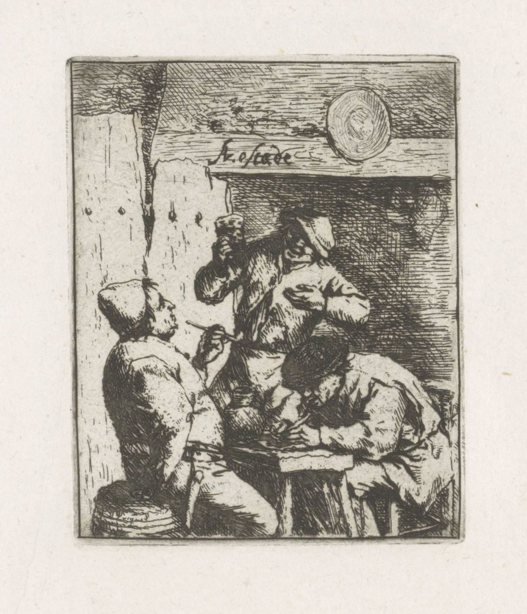 Twee rokers en drinker in herberg door Adriaen van Ostade