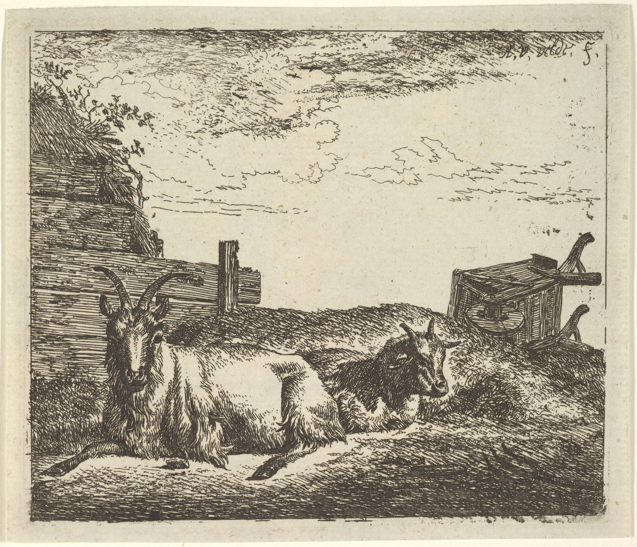 Liggende geiten, uit Verschillende dieren door Adriaen van de Velde
