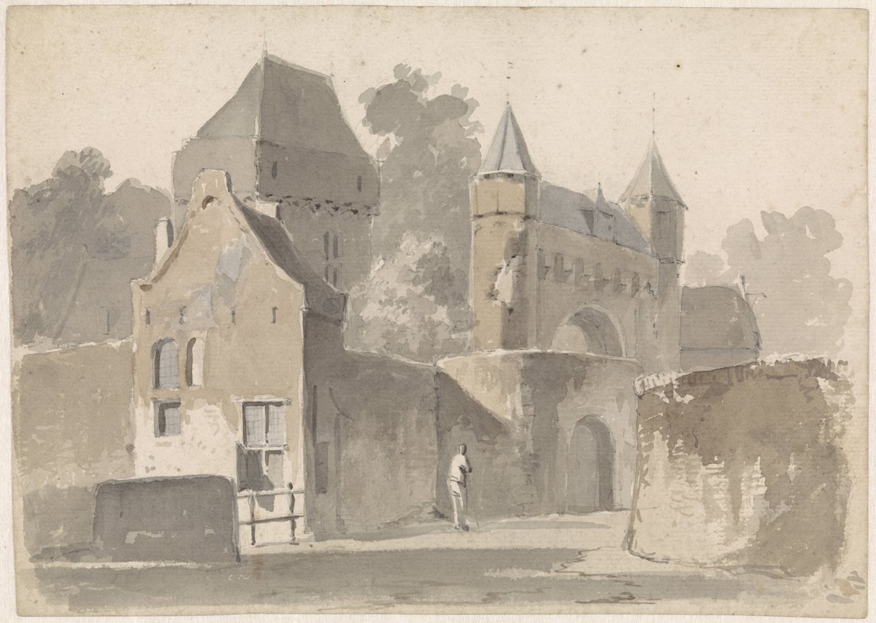 Gezicht op een stadspoort door Adrianus Eversen