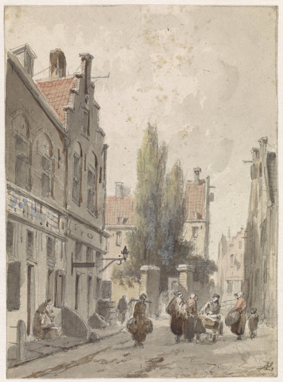 Stadsgezicht met een marskramer door Adrianus Eversen