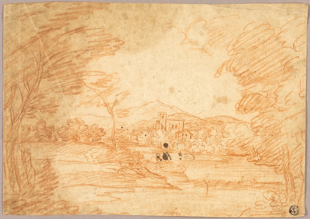 Rivierlandschap met gebouwen door Adrien Manglard