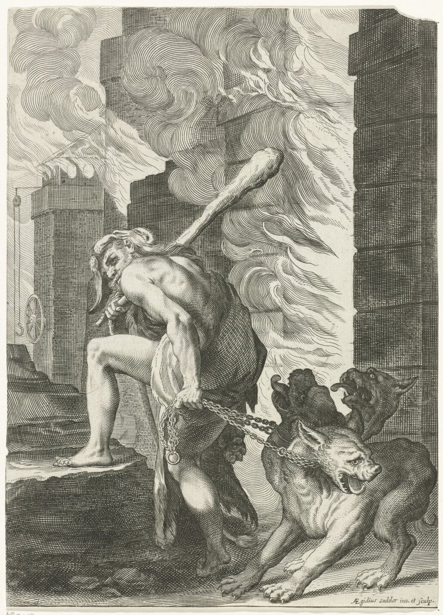 Hercules en Cerberus door Egidius  Sadeler (II)