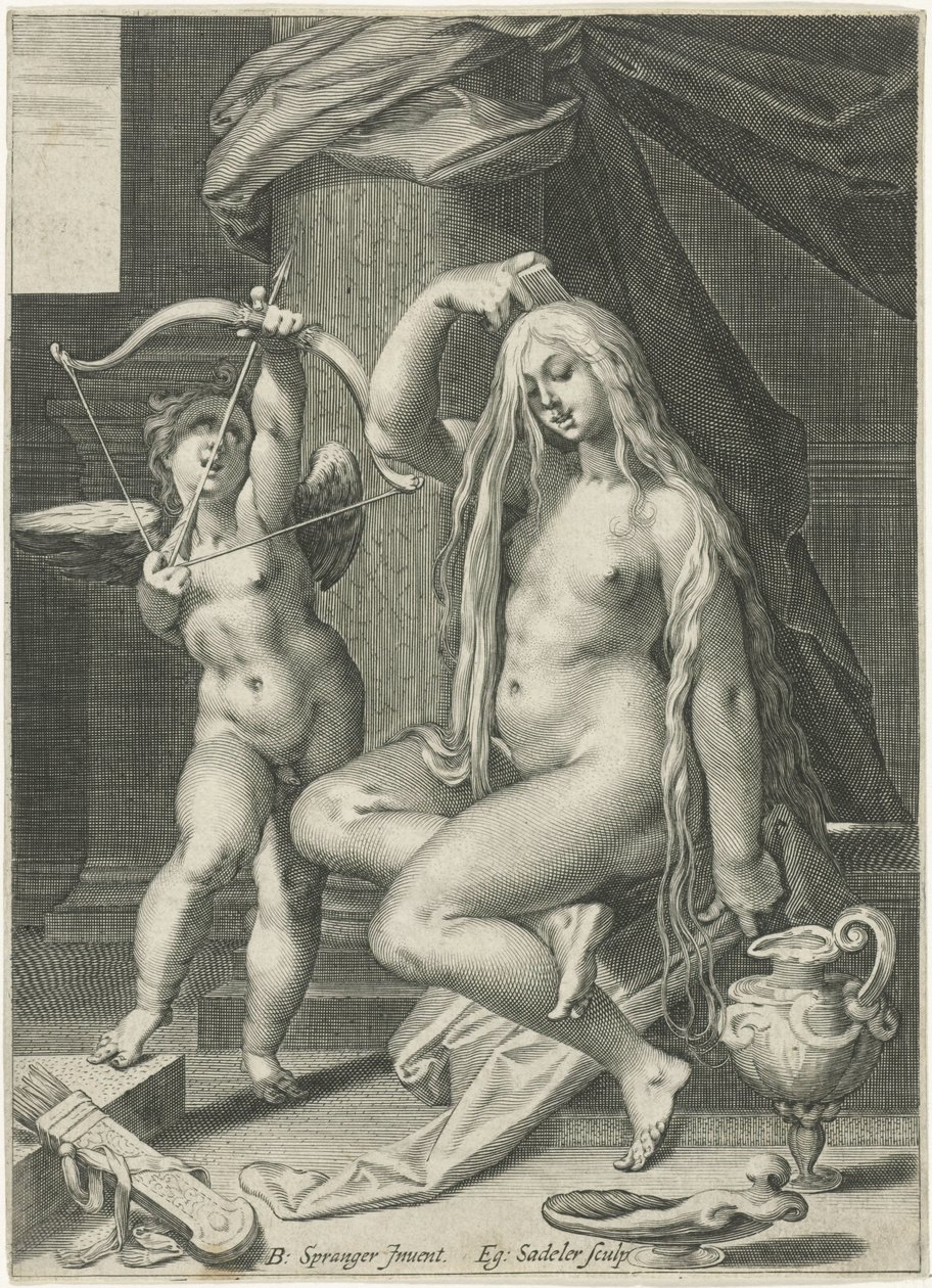 Venus kamt haar haren door Egidius  Sadeler (II)