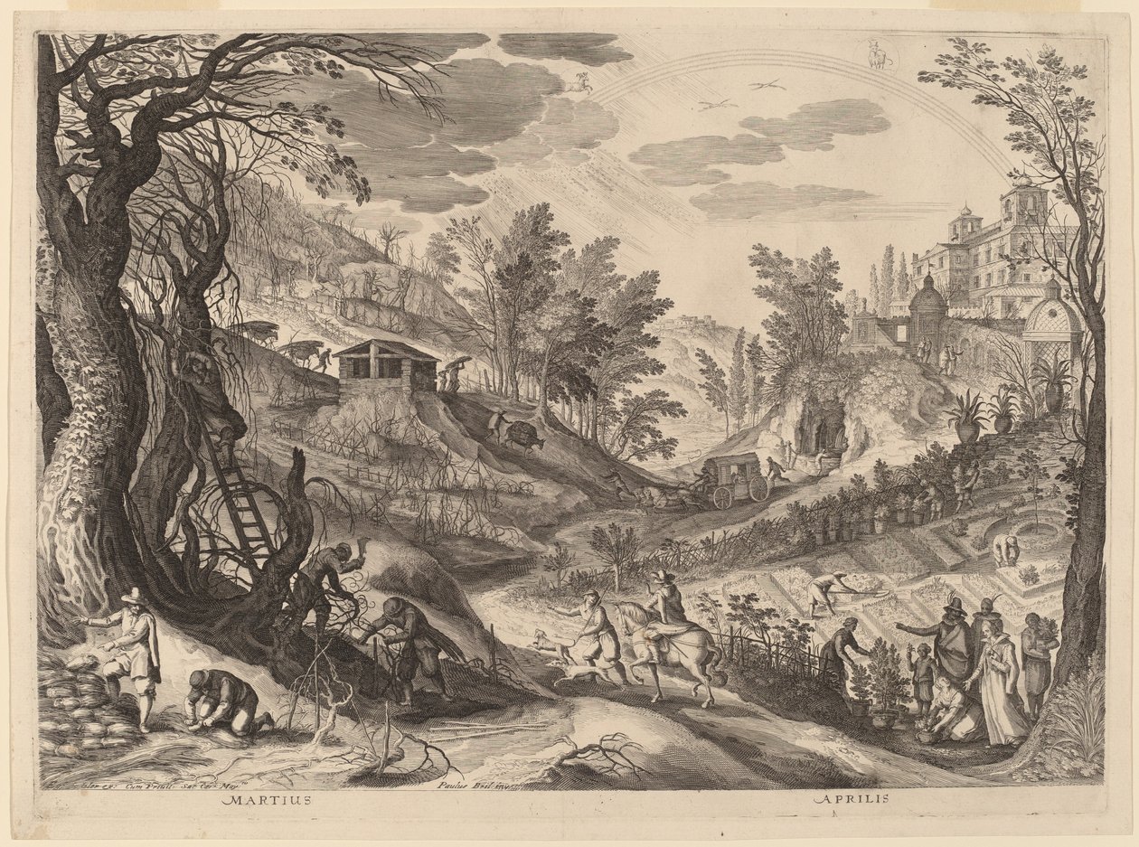 Maart en april door Aegidius Sadeler II after Paul Bril