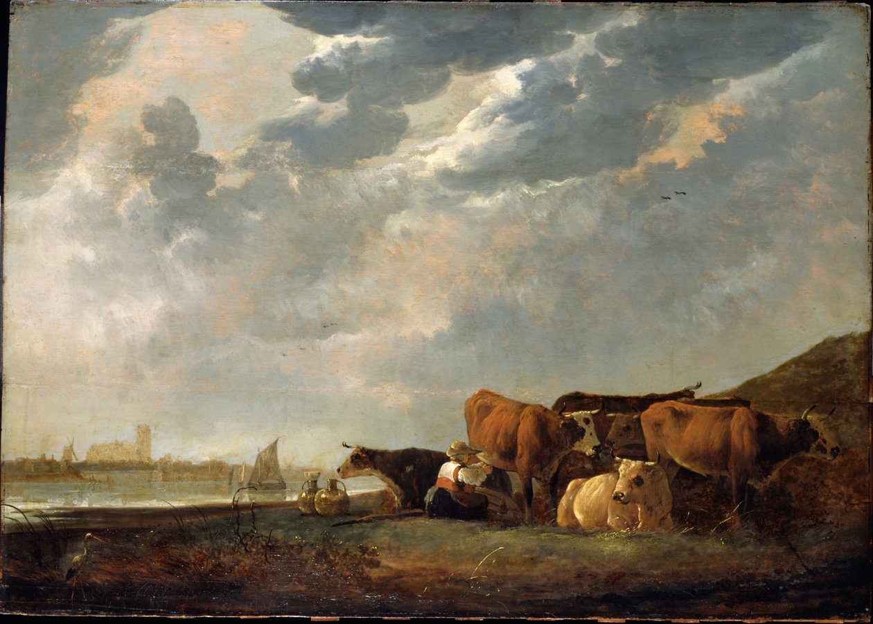 Vee bij de Maas, met Dordrecht in de verte door Aelbert Cuyp