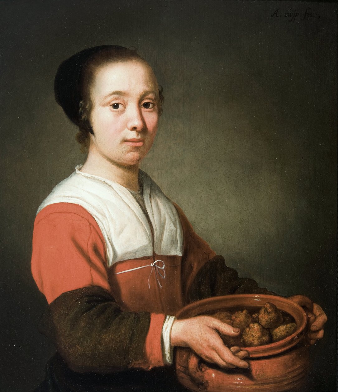 Jonge vrouw met een kookpot vol oliebollen door Aelbert Cuyp