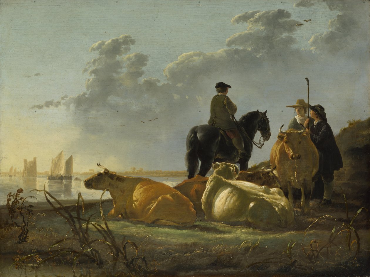 Boeren met Vier Koeien bij de Rivier Merwede door Aelbert Cuyp