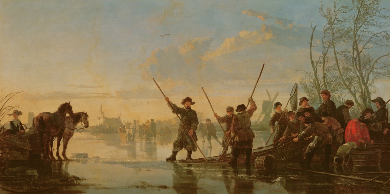 Schaatsscène met de Maas bij Dordrecht, c.1655-60 door Aelbert Cuyp