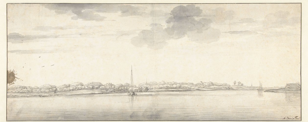 Uitgestrekt riviergezicht met schepen op kalm water door Aelbert Cuyp