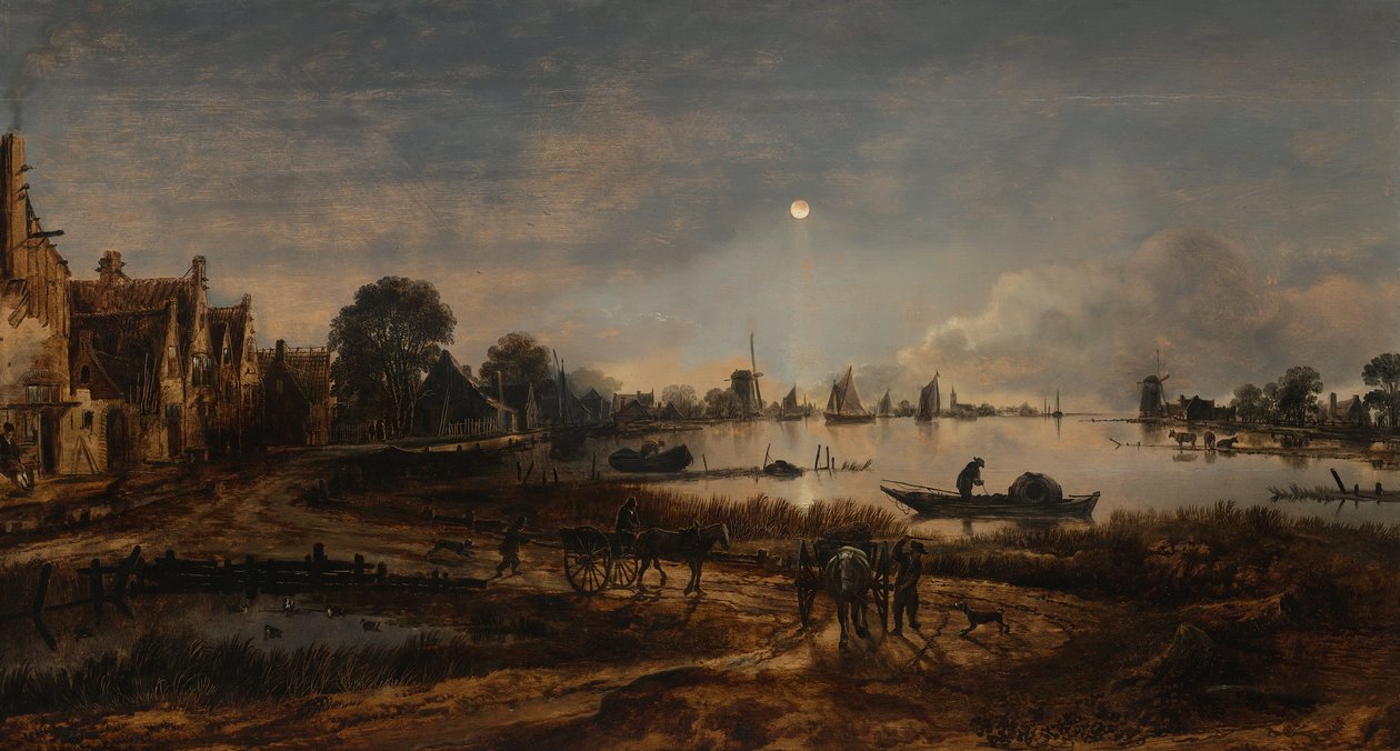 Rivierzicht bij maanlicht door Aert van der Neer