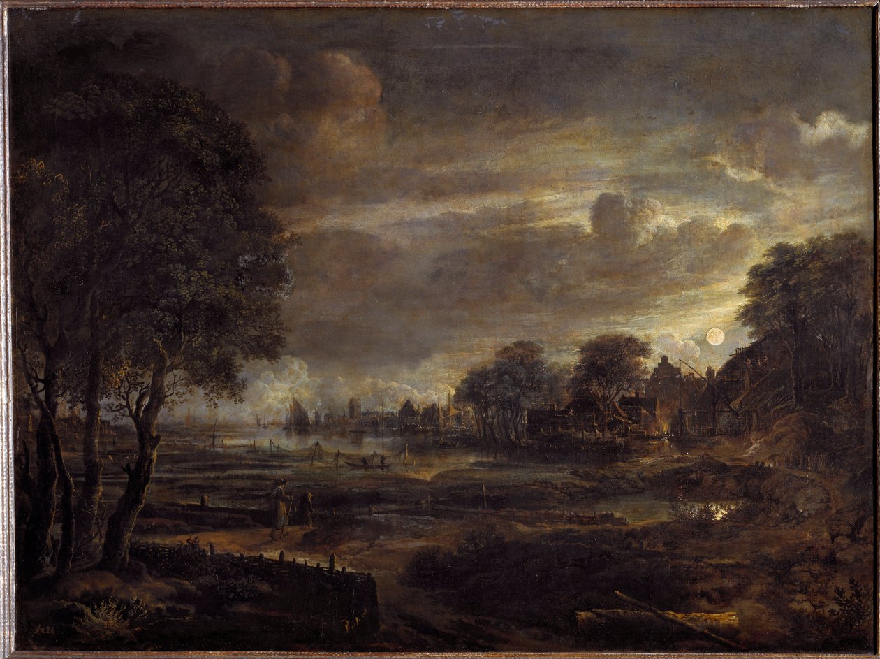 Landschap bij maanlicht door Aert van der Neer