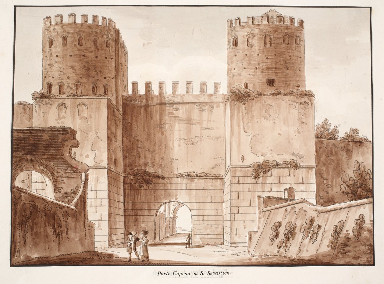 De Porta Capena of Porta San Sebastiano, 1833 (ets met bruine was) door Agostino Tofanelli