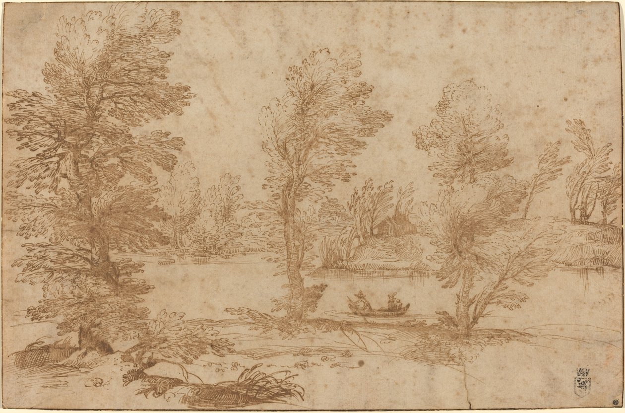 Bosrivier met een boot door Agostino Carracci