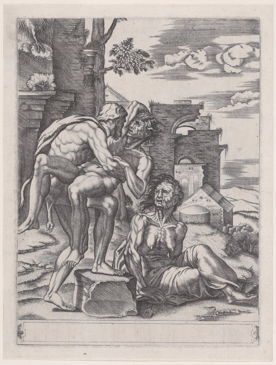 Hercules en Antaeus, gedateerd 1533 door Agostino Veneziano