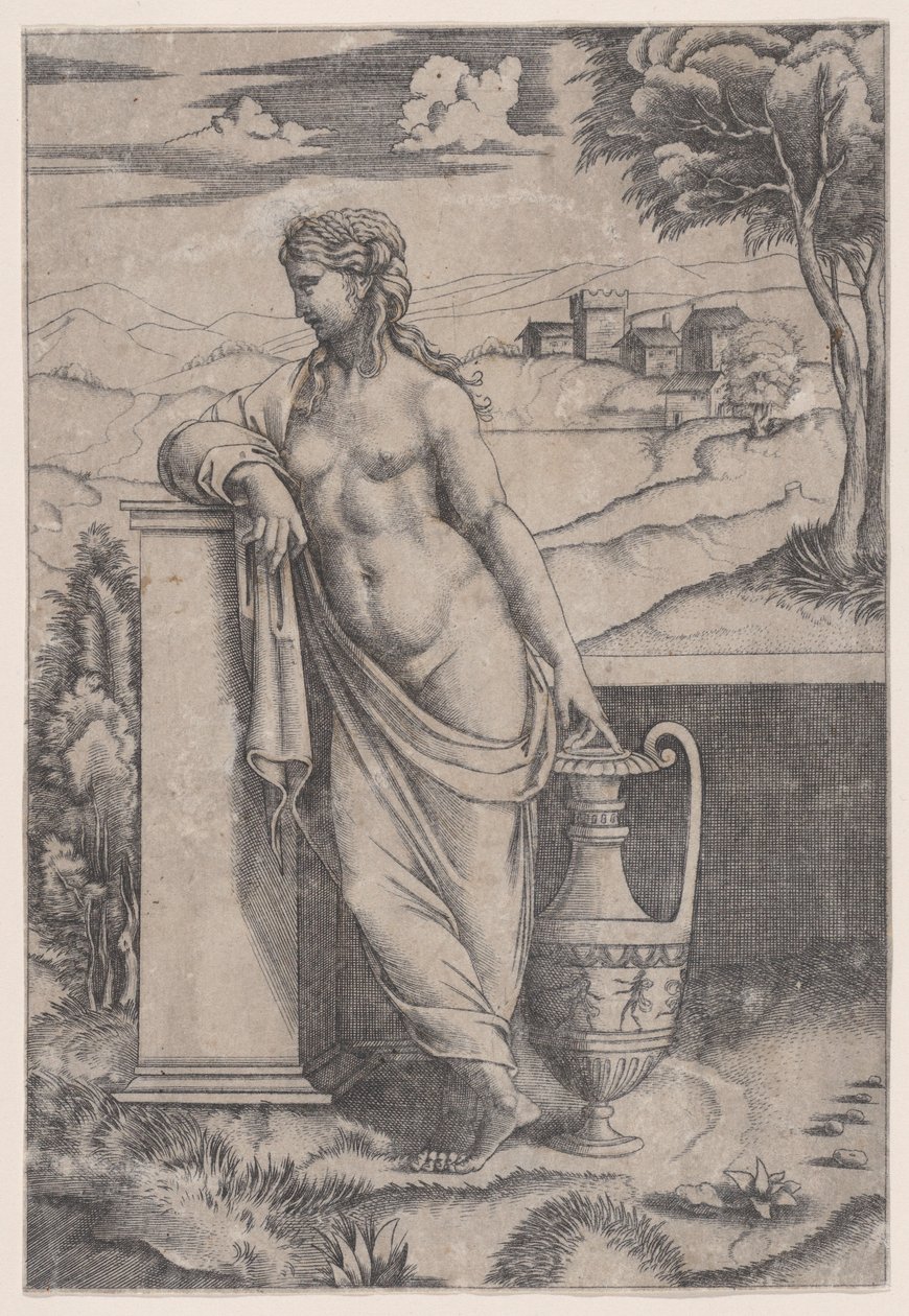 Vrouw staand bij een vaas, ca. 1514-36 door Agostino Veneziano