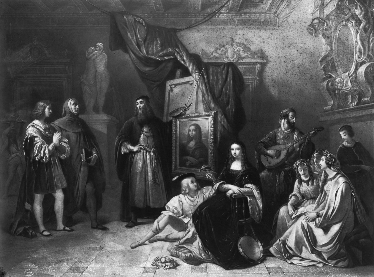 Leonardo da Vinci schildert de Gioconda, gegraveerd door Lemoine, 1845 door Aimee Brune