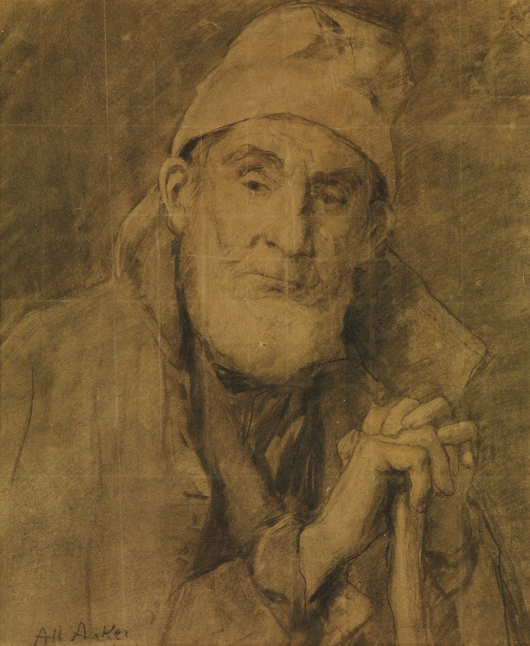 De oude Feissli met stok en muts door Albert Anker