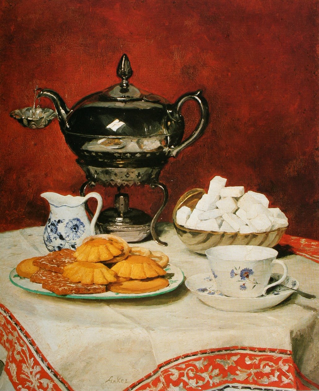 Stilleven thee en smeltbroodjes door Albert Anker