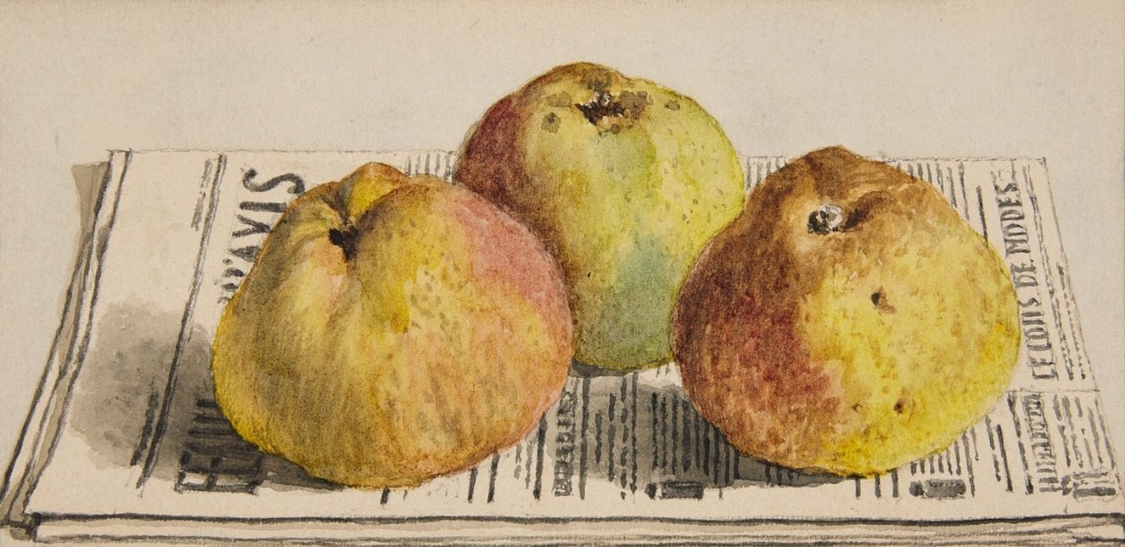 Stilleven met drie appels en krant door Albert Anker