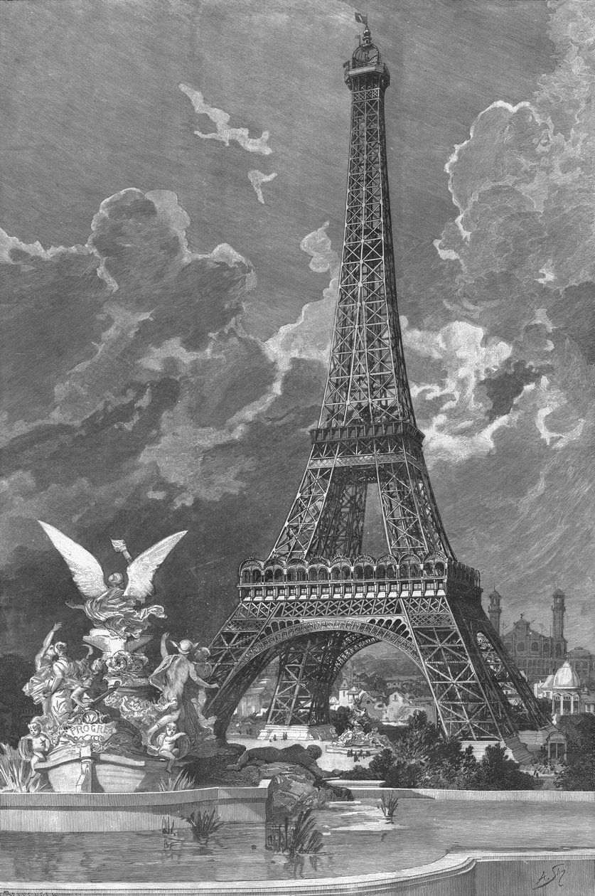 De Eiffeltoren (1887-89) Wereldtentoonstelling van 1889 in Parijs, 1888, gegraveerd door Andre Slom of Slomszynski (d.1909) door Albert Bellenger