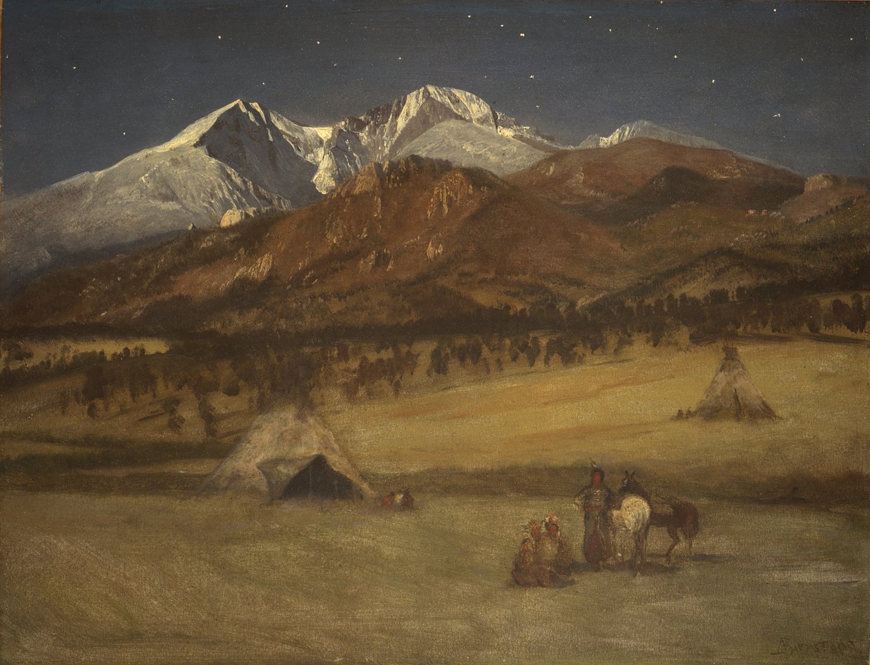 Indiaans kampement - Avond door Albert Bierstadt