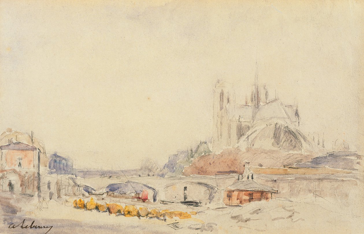 Uitzicht op de Pont de la Tournelle en de Notre-Dame de Paris door Albert Charles Lebourg