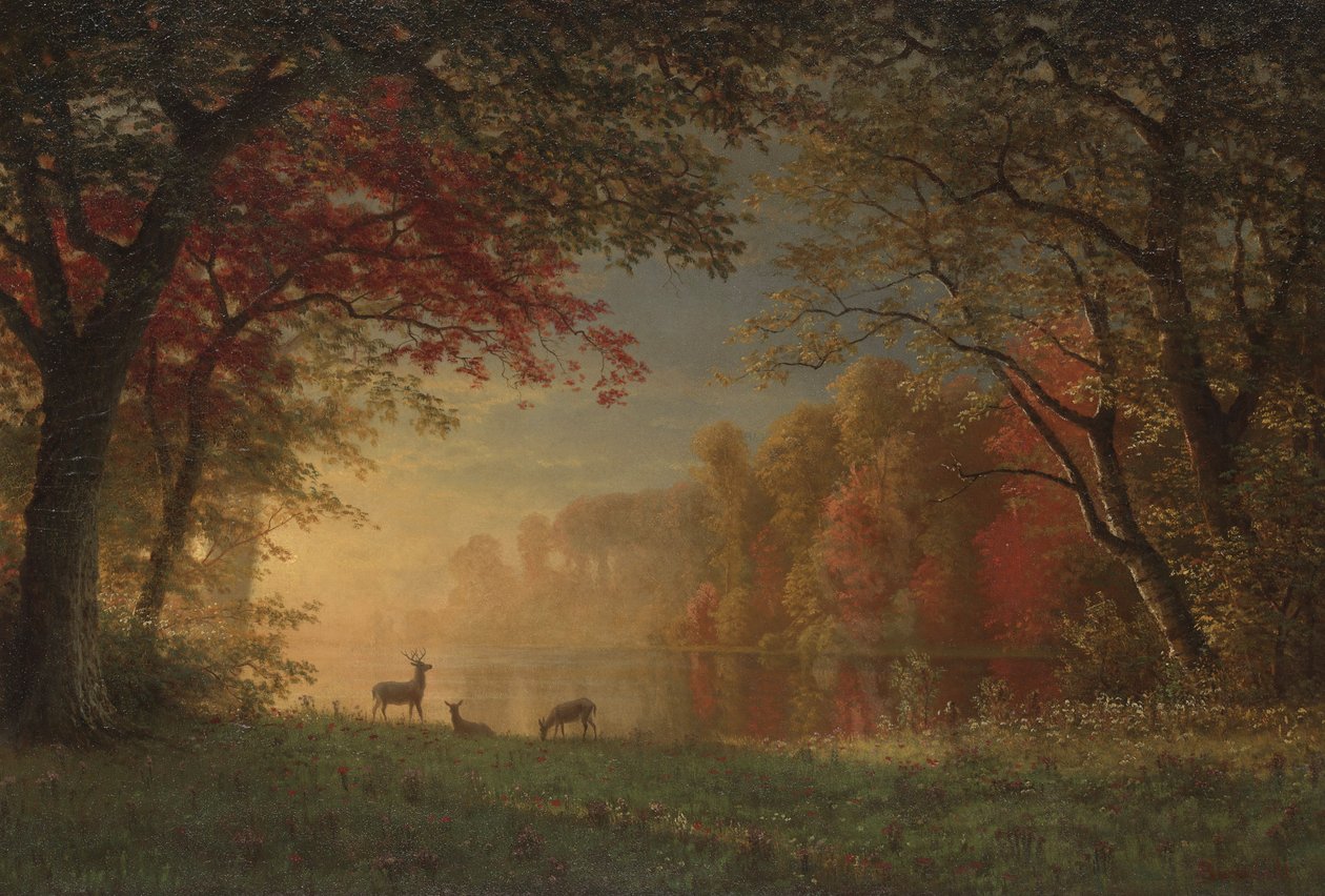 Indiase zonsondergang: herten bij een meer, ca. 1880-90 door Albert Bierstadt