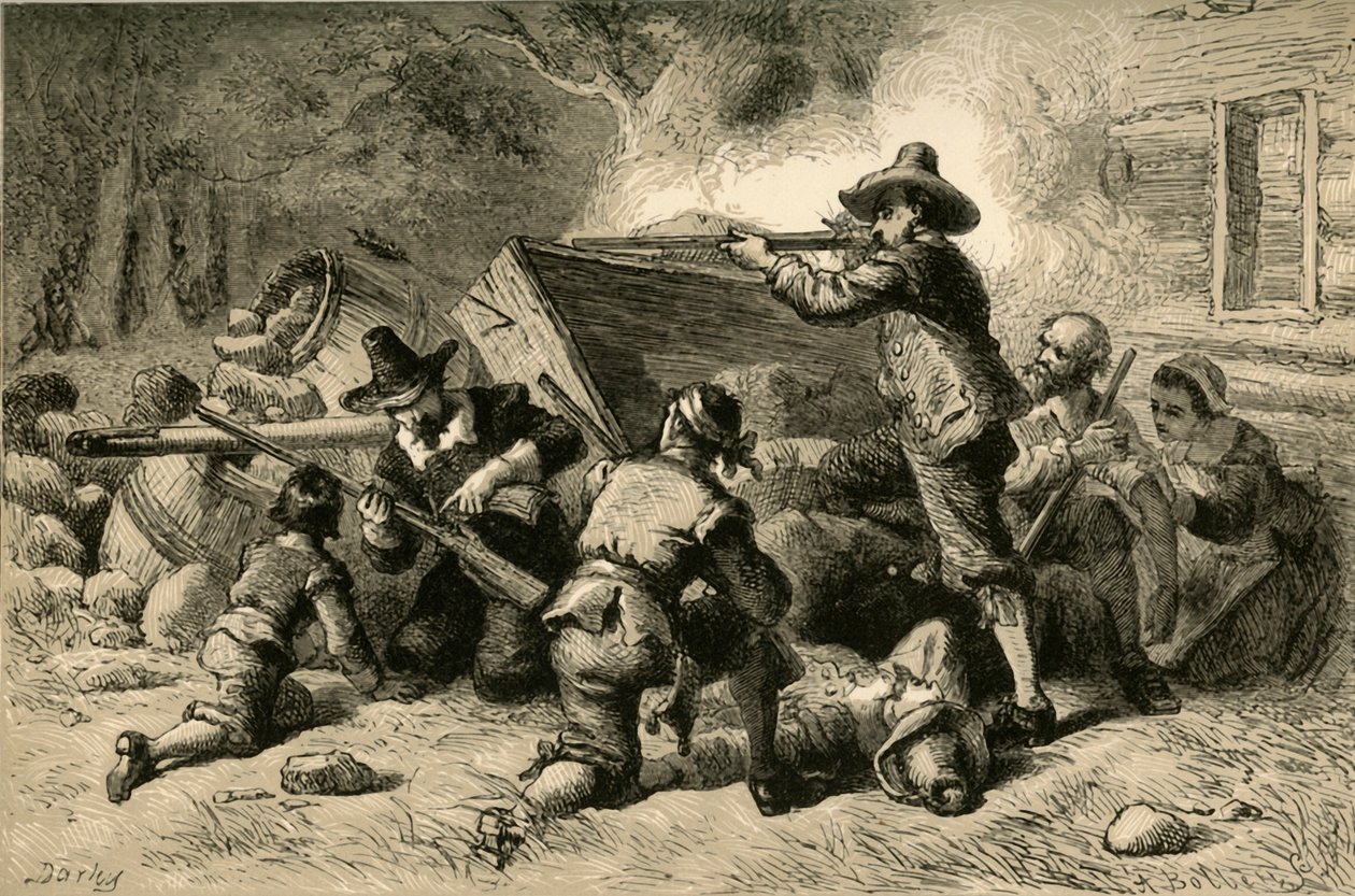 Virginians verdedigen zichzelf tegen Indianen, 1877 door Albert Bobbett
