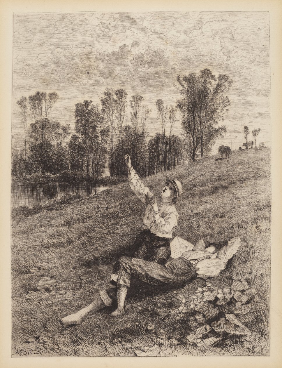 Zonder titel (Jongens die een vlieger oplaten) door Albert Fitch Bellows
