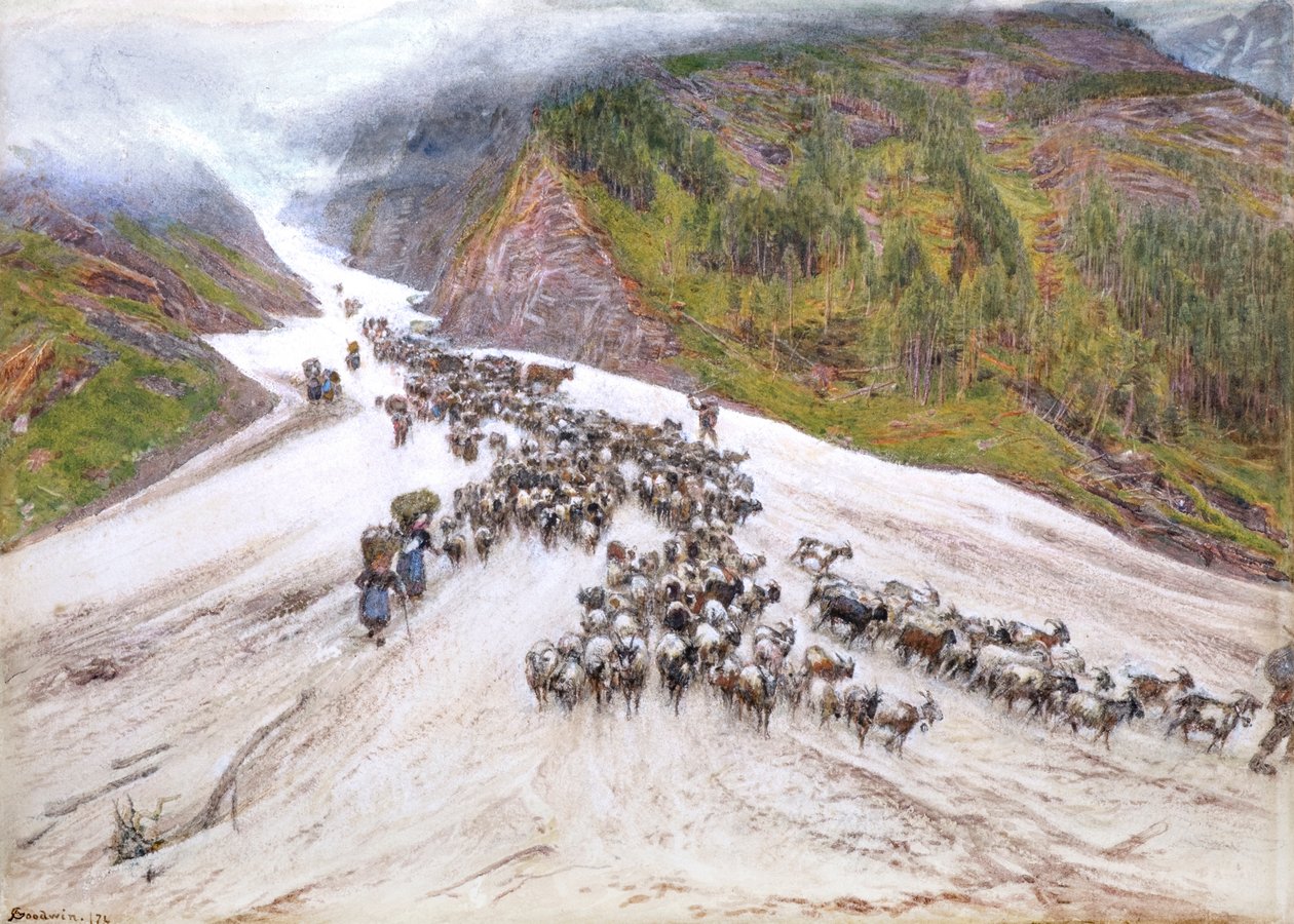 De geitenhoeder in de Zwitserse Alpen door Albert Goodwin