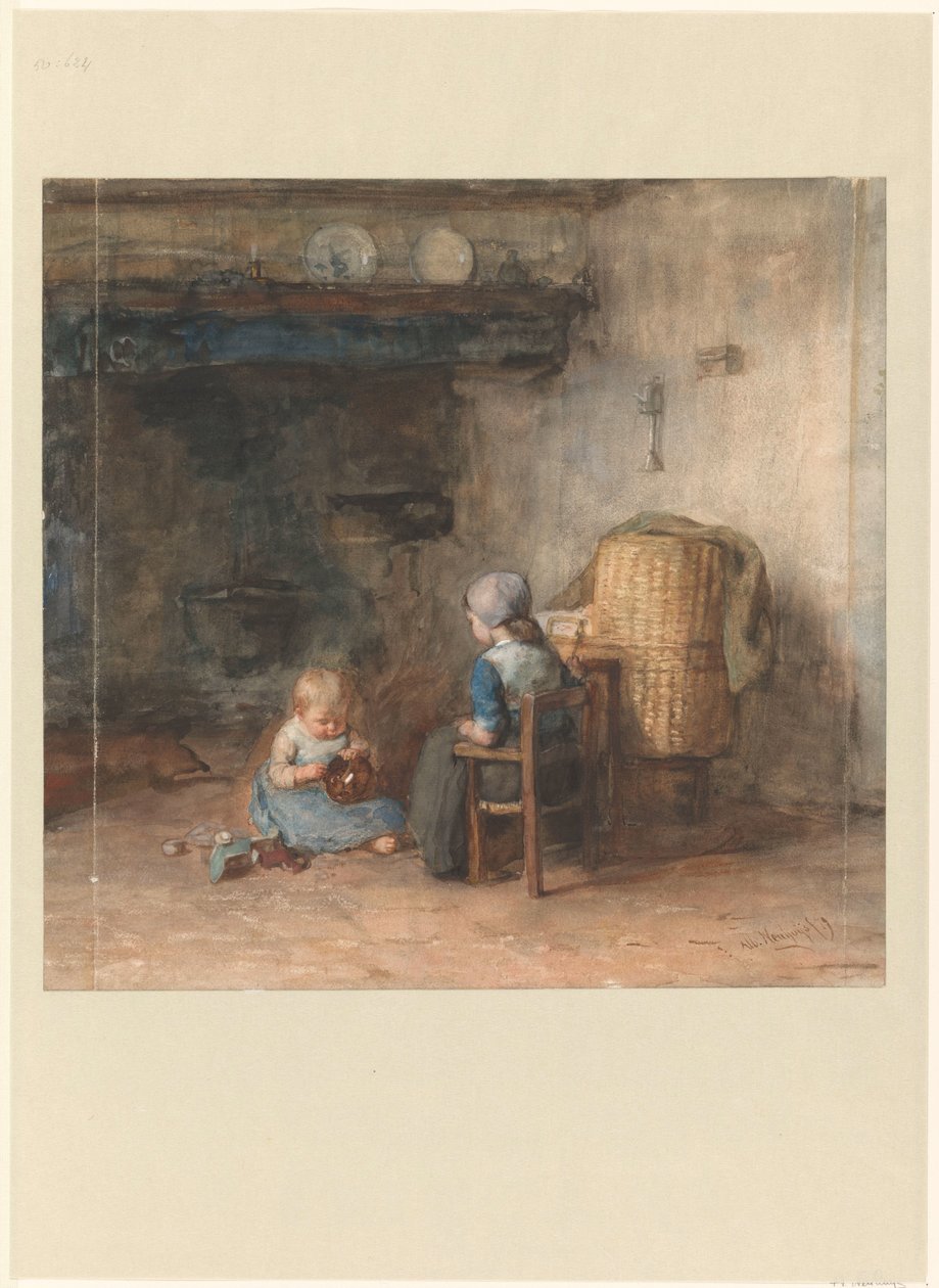 Twee kinderen in een boereninterieur door Albert  Neuhuys