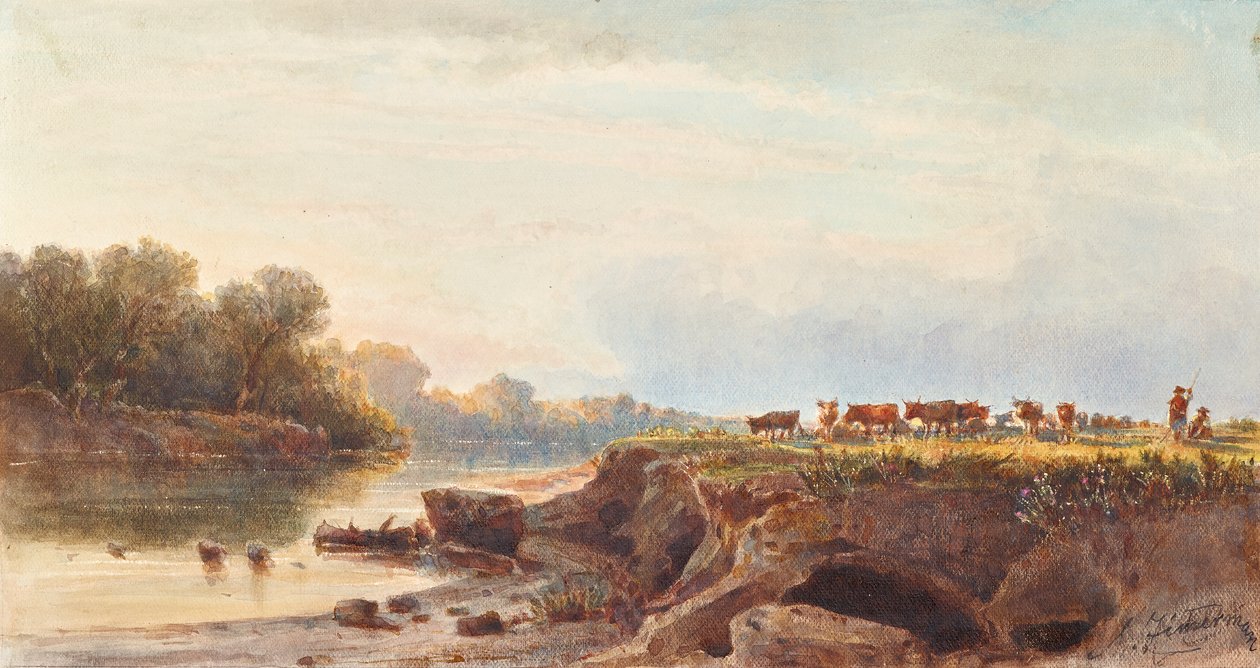 Rivierlandschap met kudde koeien door Albert Zimmermann