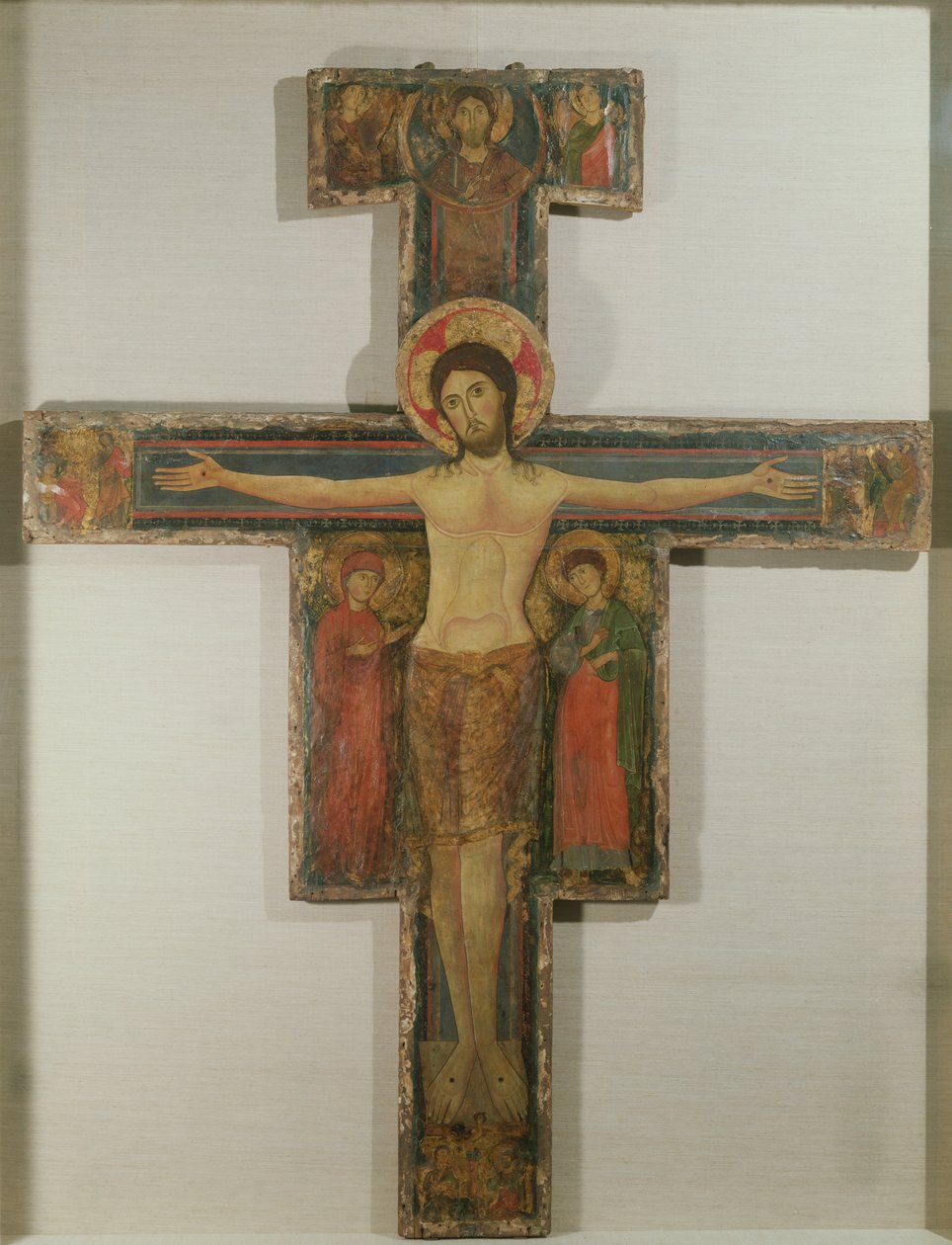 De kruisiging met de Maagd Maria en St. Johannes, laat 12e eeuw door Alberto Sotio