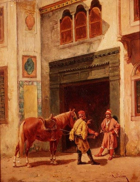 Arabieren bij een poort door Alberto Pasini