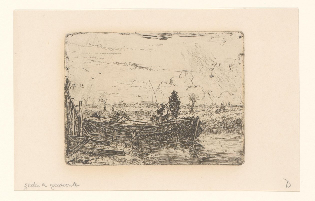 Polderlandschap met twee mannen op een boot door Albertus Brondgeest