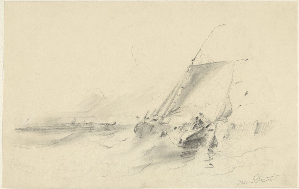 Zeegezicht met schuit in woelig water door Albertus van Beest