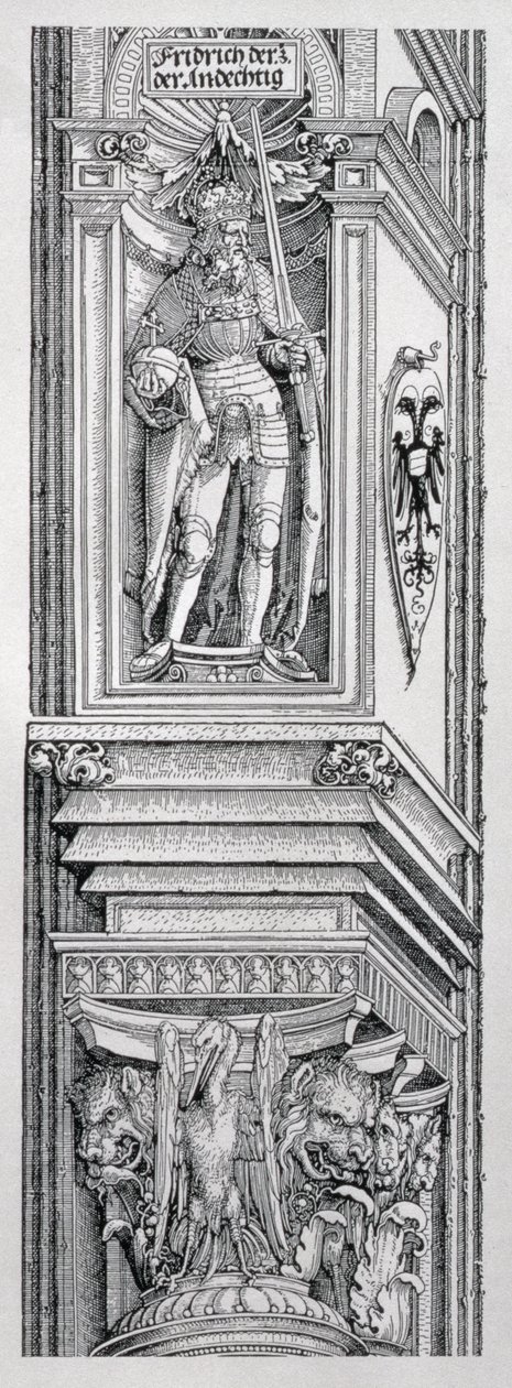 De triomfboog van keizer Maximiliaan I van Duitsland (1459-1519): detail van decoratief schema voor het centrale gedeelte met een standbeeld van Frederik III van Duitsland (1415-93), de vader van keizer Maximiliaan door Albrecht Dürer